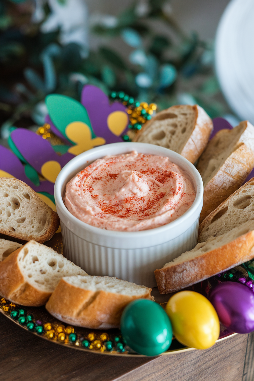 An indoor Mardi-Gras colored platter with a ramekin of creamy crawfish dip speckled with red spice, baguette rounds alongside. Photo, no text or logos.