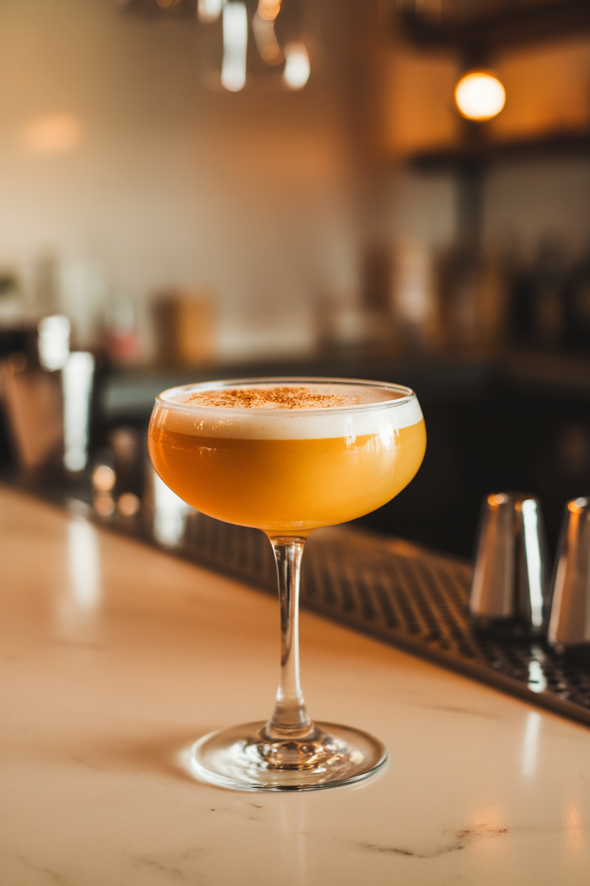 Photo of a chilled martini glass on a softly lit indoor bar, filled with a creamy orange pumpkin pie martini and a light dusting of nutmeg on the foam. No text or logos visible.