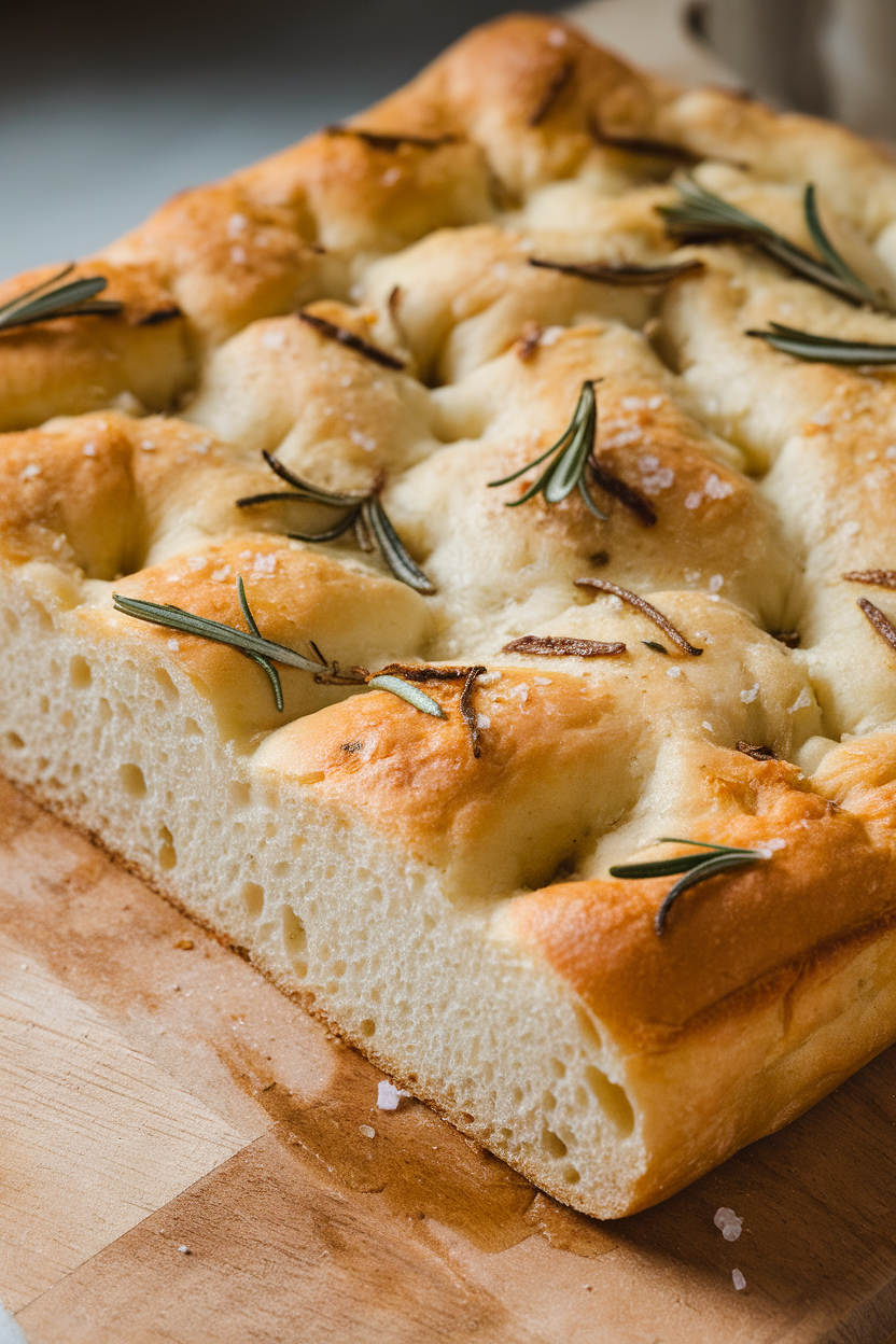 Photo of a thick slab of focaccia on an indoor board, rosemary sprigs and coarse salt visible on the crust; no text or logos.