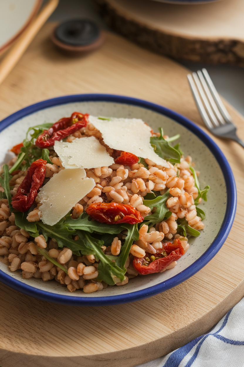 An indoor photo of a ceramic plate holding a mix of chewy farro, peppery arugula, sliced sun-dried tomatoes, and shaved Parmesan, no text or logos.
