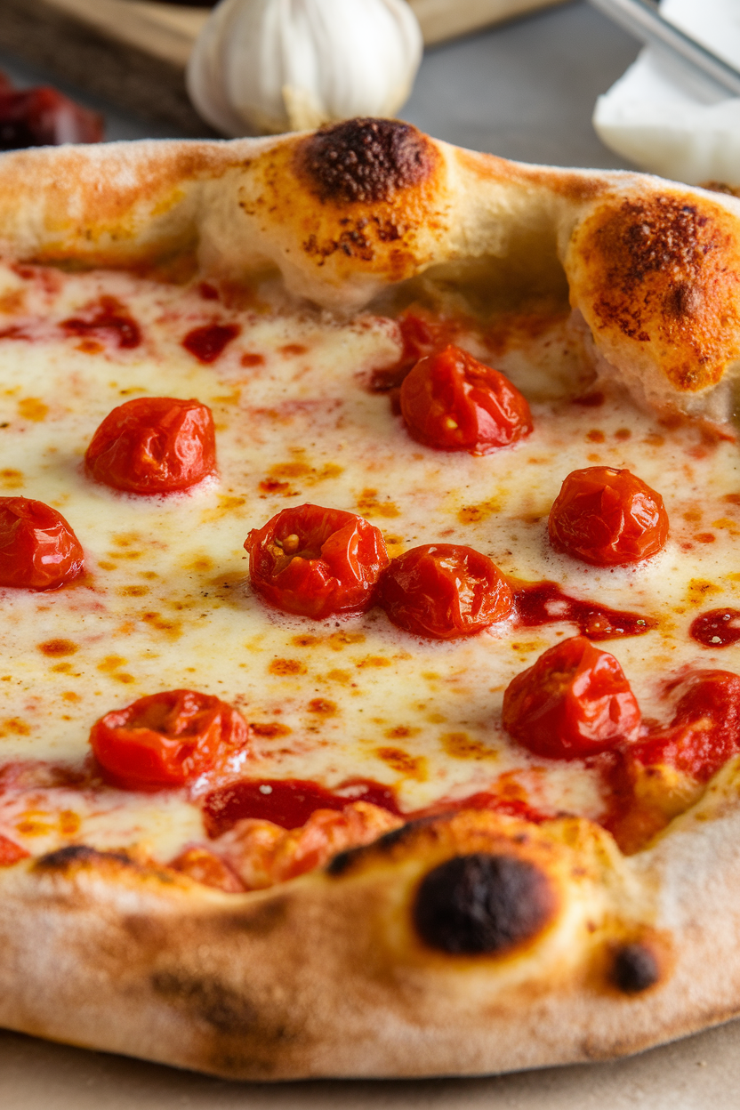 Close-up indoor photo of a thin-crust pizza brushed with roasted garlic oil and topped with small bursts of cherry tomato “blood.” Photo only, no text or logos.