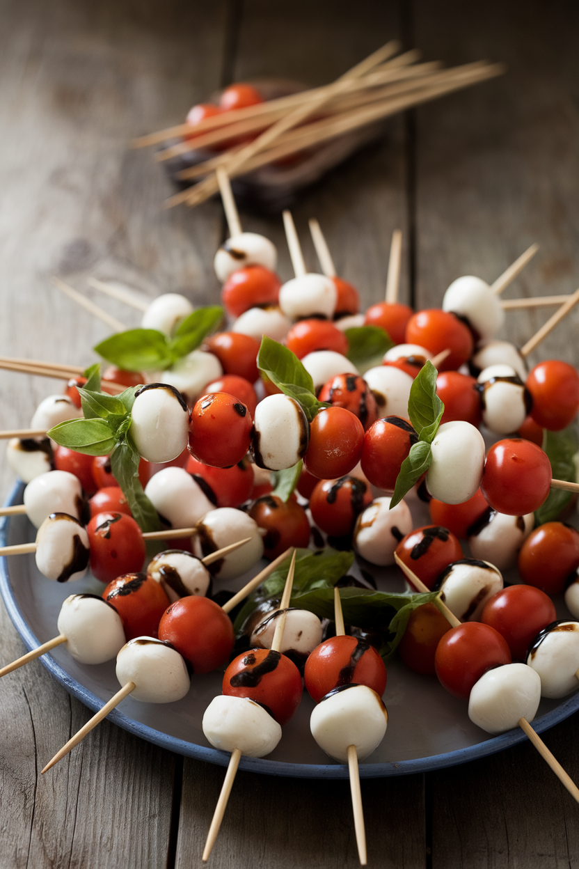 Indoor platter of mini skewers threaded with mozzarella pearls, cherry tomatoes, and basil leaves, balsamic reduction glistening on top. No logos or text. Photo only.
