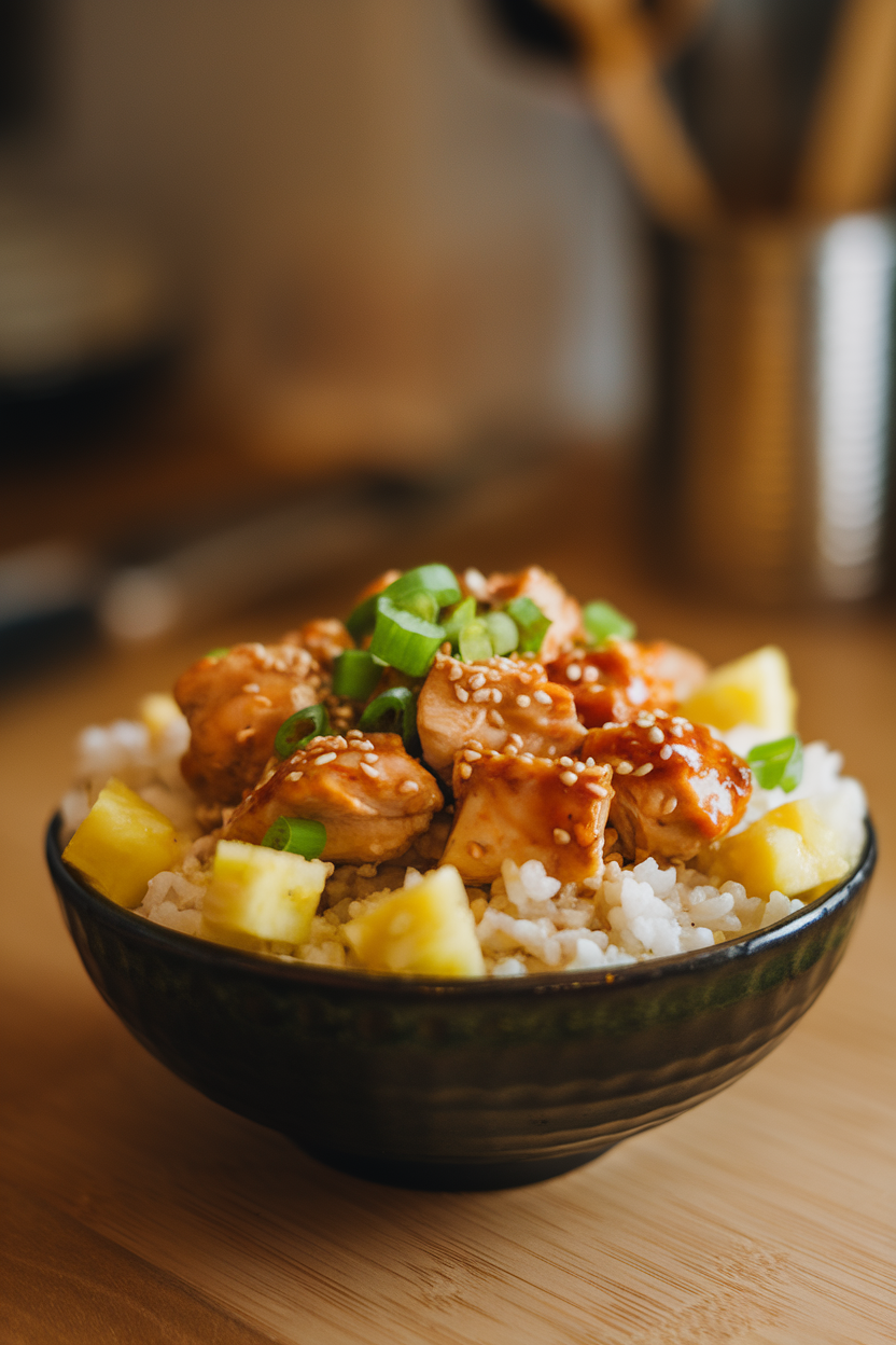 Warm indoor photo of a bowl featuring cauliflower rice, juicy teriyaki chicken chunks, pineapple tidbits, green onion, and sesame seeds. No logos or text.