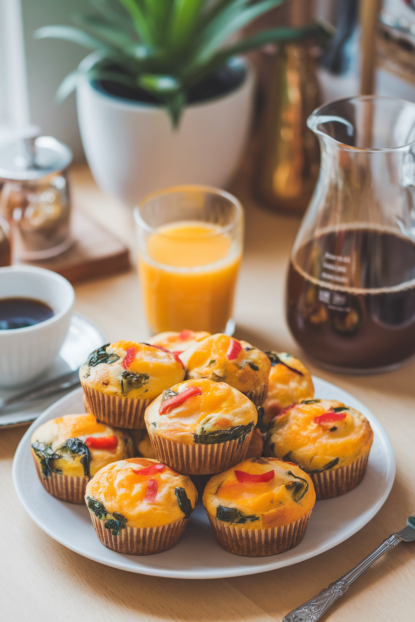 An indoor breakfast nook with a platter of baked egg muffins dotted with spinach, bell pepper, and cheese. No text or logos, photo style.