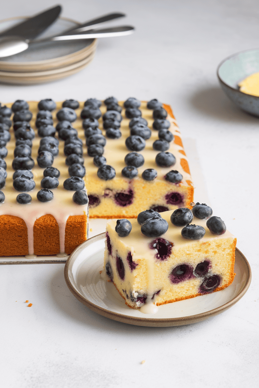 Indoor photo of a rectangular sheet cake studded with blueberries, lemon glaze drizzled across the top, a single slice pulled out on a plate, no text or logos