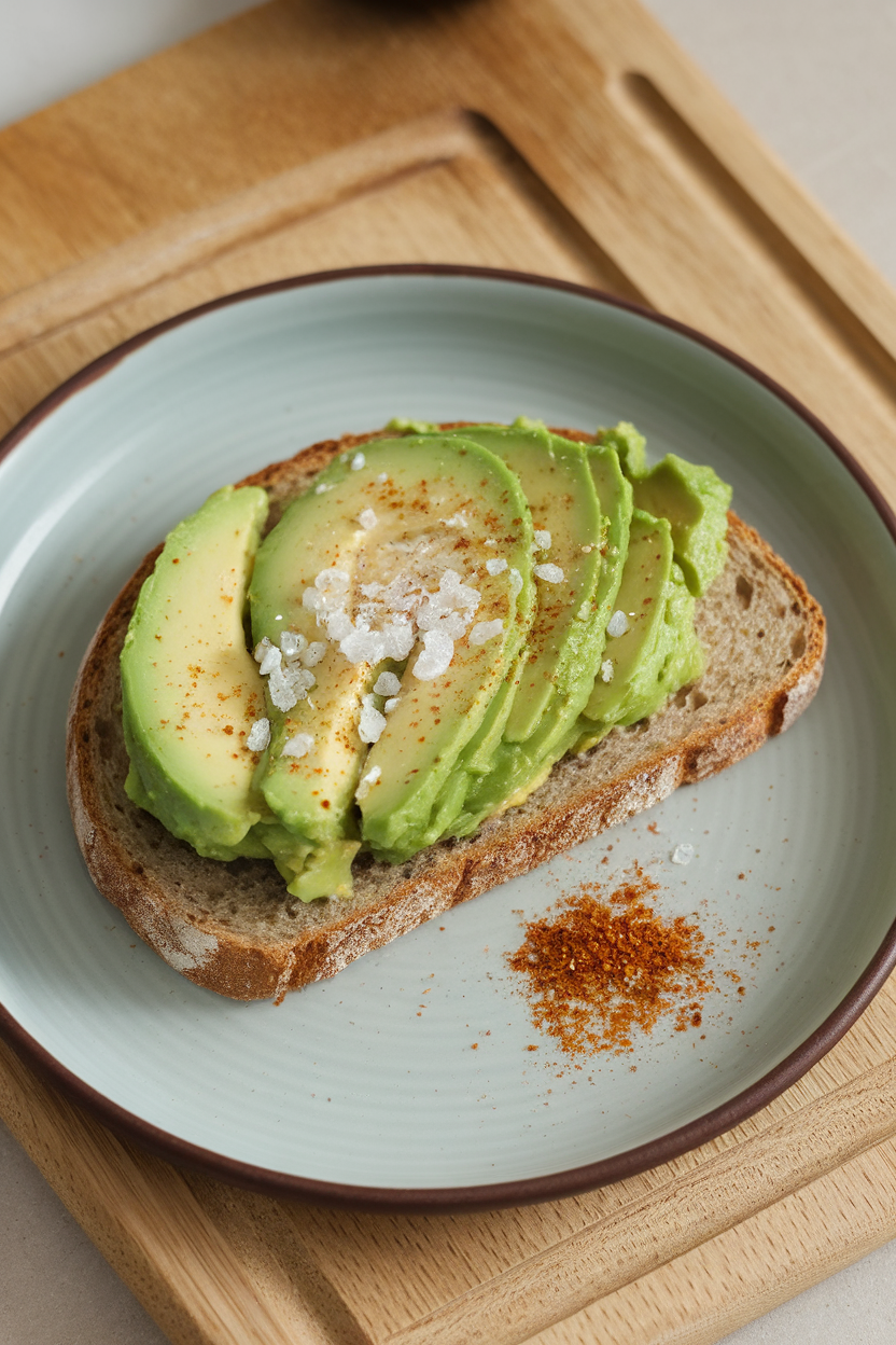 Indoor snack plate with a slice of soft whole-grain bread topped by simply smashed avocado and a light sprinkle of sea salt. No text or logos; photo only.