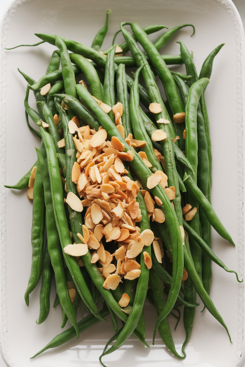 Slim green beans topped with golden toasted almond slices on an indoor white platter; elegant presentation, no text or logos. Photo only.
