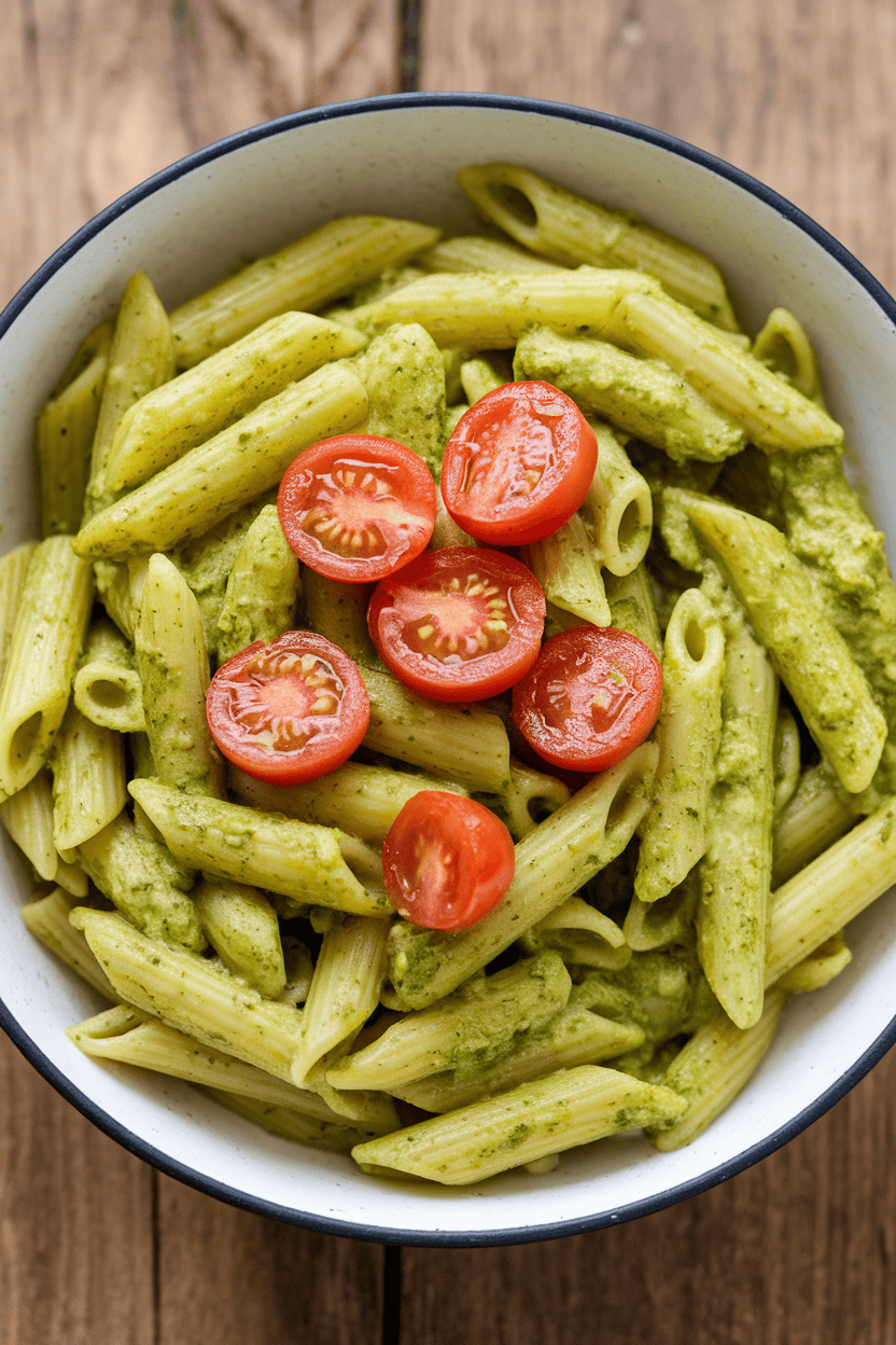 Indoor countertop bowl of penne tossed in bright green pesto with cherry tomato halves, no text or logos
