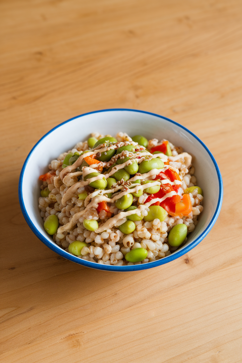 An indoor counter featuring a bowl of cooked barley mixed with shelled edamame, diced bell peppers, and a sesame drizzle. No logos or text; photo only.