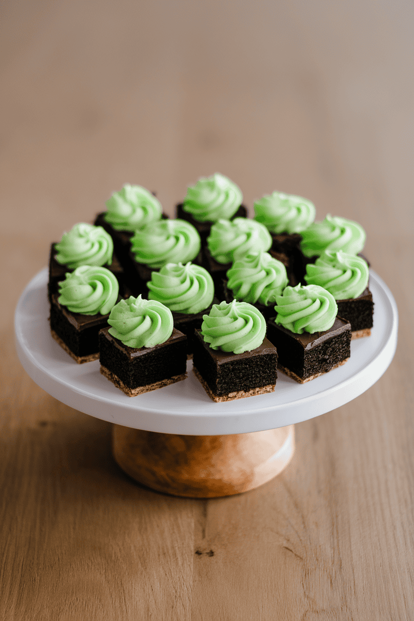 Indoor cake stand of bite-size black velvet squares topped with neon green frosting swirl. No text or logos.