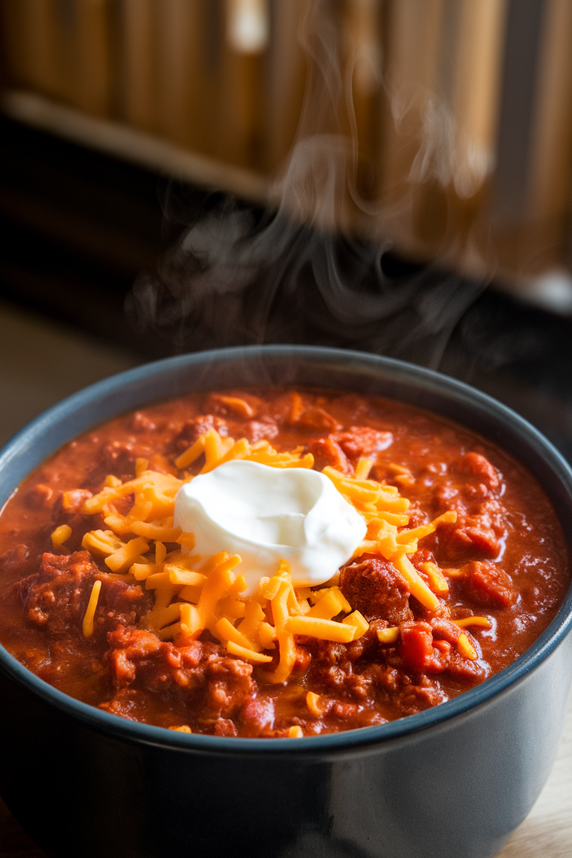 Indoor photo of a deep bowl of chunky beef chili topped with shredded cheese and a dollop of sour cream, steam visible. No text or logos in frame.