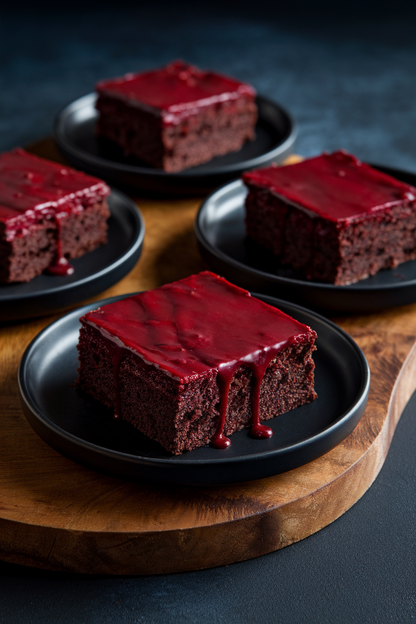 Indoor photo of brownies glazed with deep crimson blood orange icing under soft light, served on black plates; no text or logos