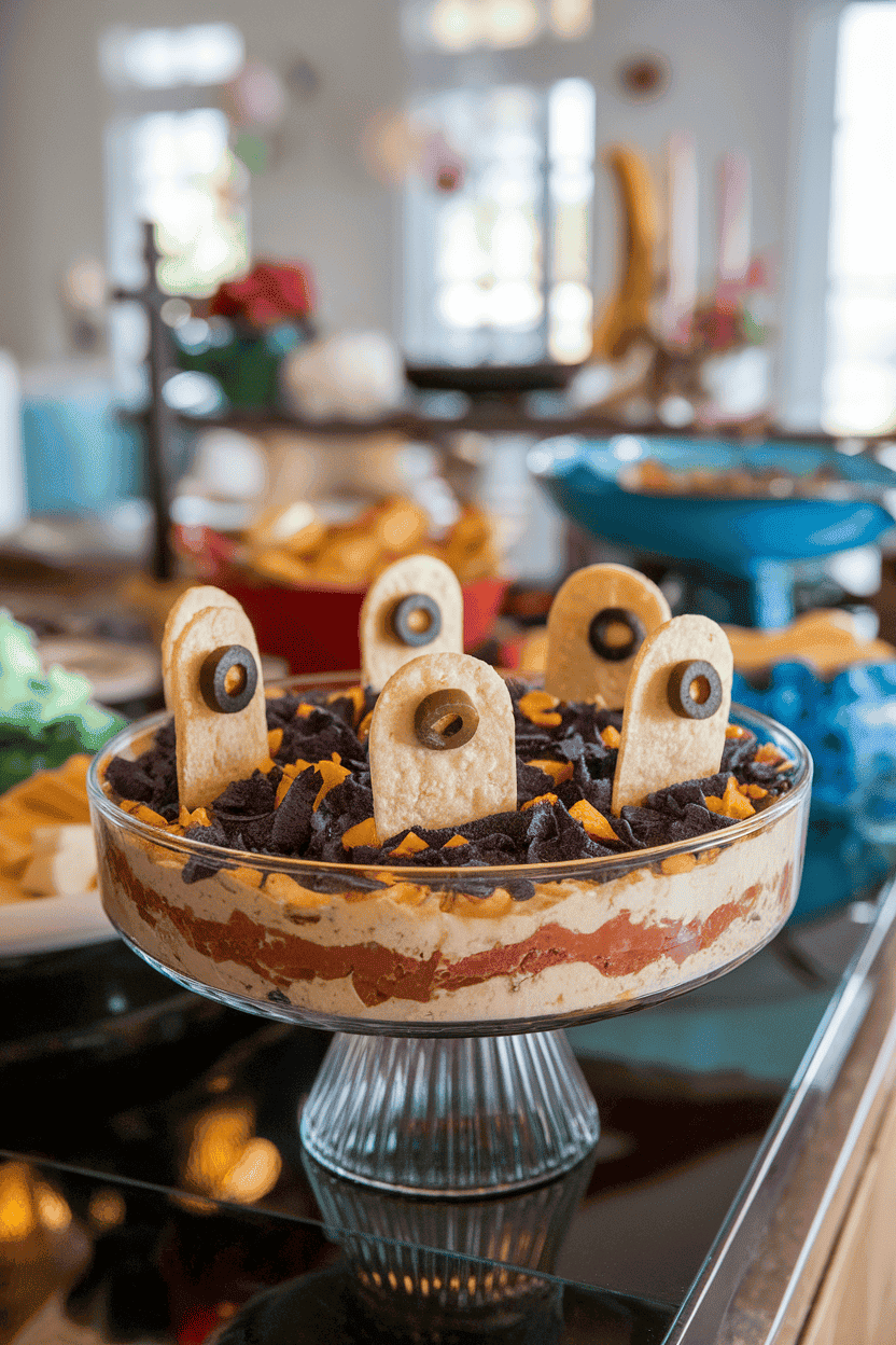 A shallow glass dish on an indoor buffet showing layered taco dip topped with crushed blue chips as soil and upright tortilla tombstones marked with olive pieces. No text or logos.