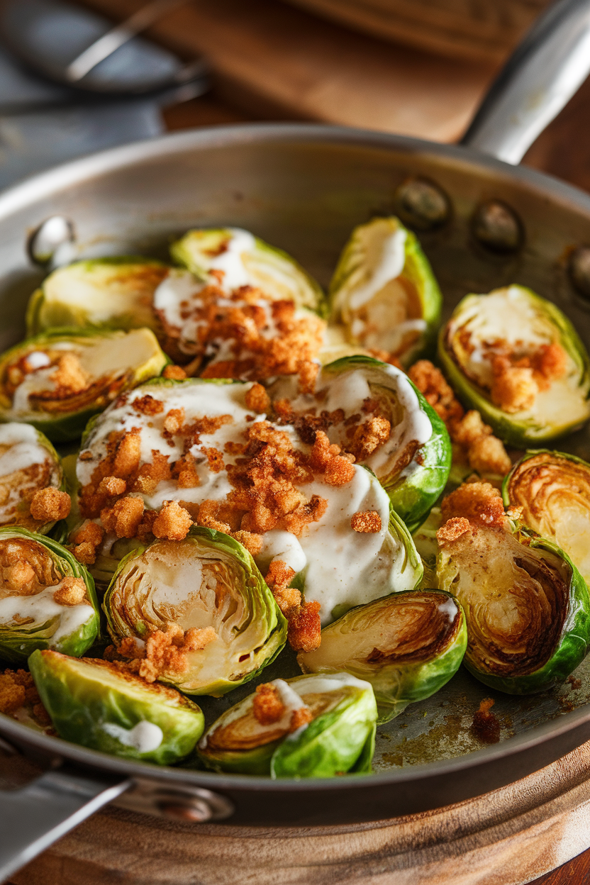 Indoor photo of halved roasted Brussels sprouts coated in Caesar dressing and dotted with browned butter bread crumbs in a rustic skillet; warm lighting, no text or logos.