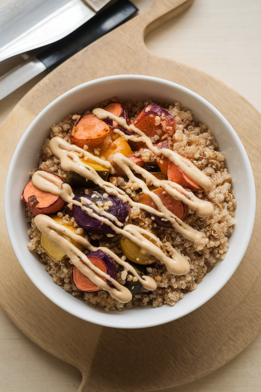 An indoor bowl filled with quinoa, roasted root vegetables, and a drizzle of tahini sauce, photographed from overhead. No text or logos visible.