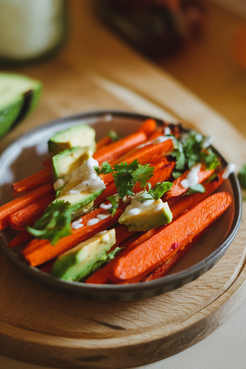 Indoor photo of roasted carrot sticks and avocado chunks drizzled with lime dressing and sprinkled with cilantro in a shallow dish; warm indoor light, no text or logos.