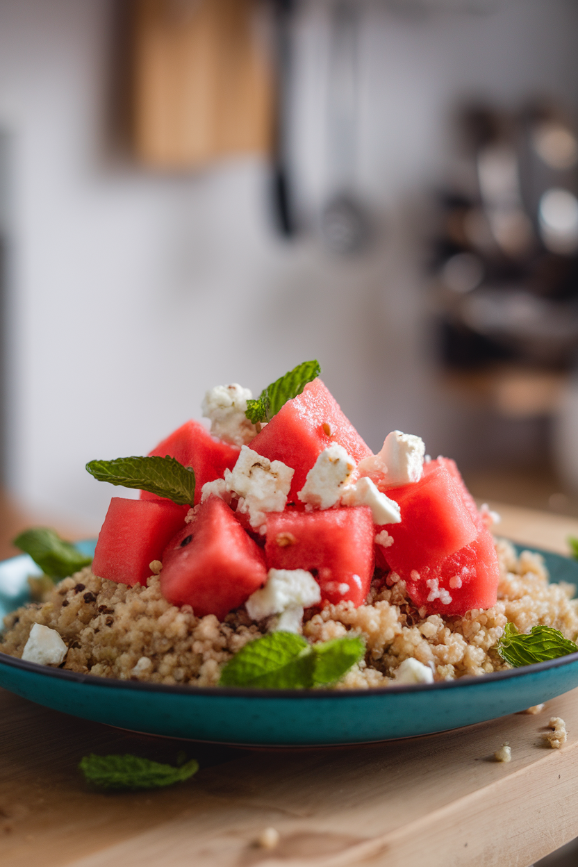 Indoor dining table with bright pink watermelon cubes, feta crumbles, and mint over quinoa; no text or logos.