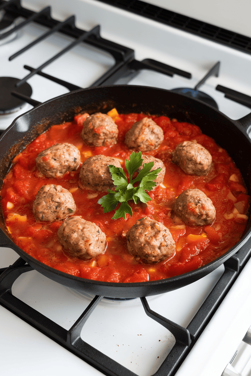 Indoor stovetop scene with a skillet of turkey meatballs simmering in chunky tomato sauce, sprinkled with parsley. No text or logos. Photo, not illustration.