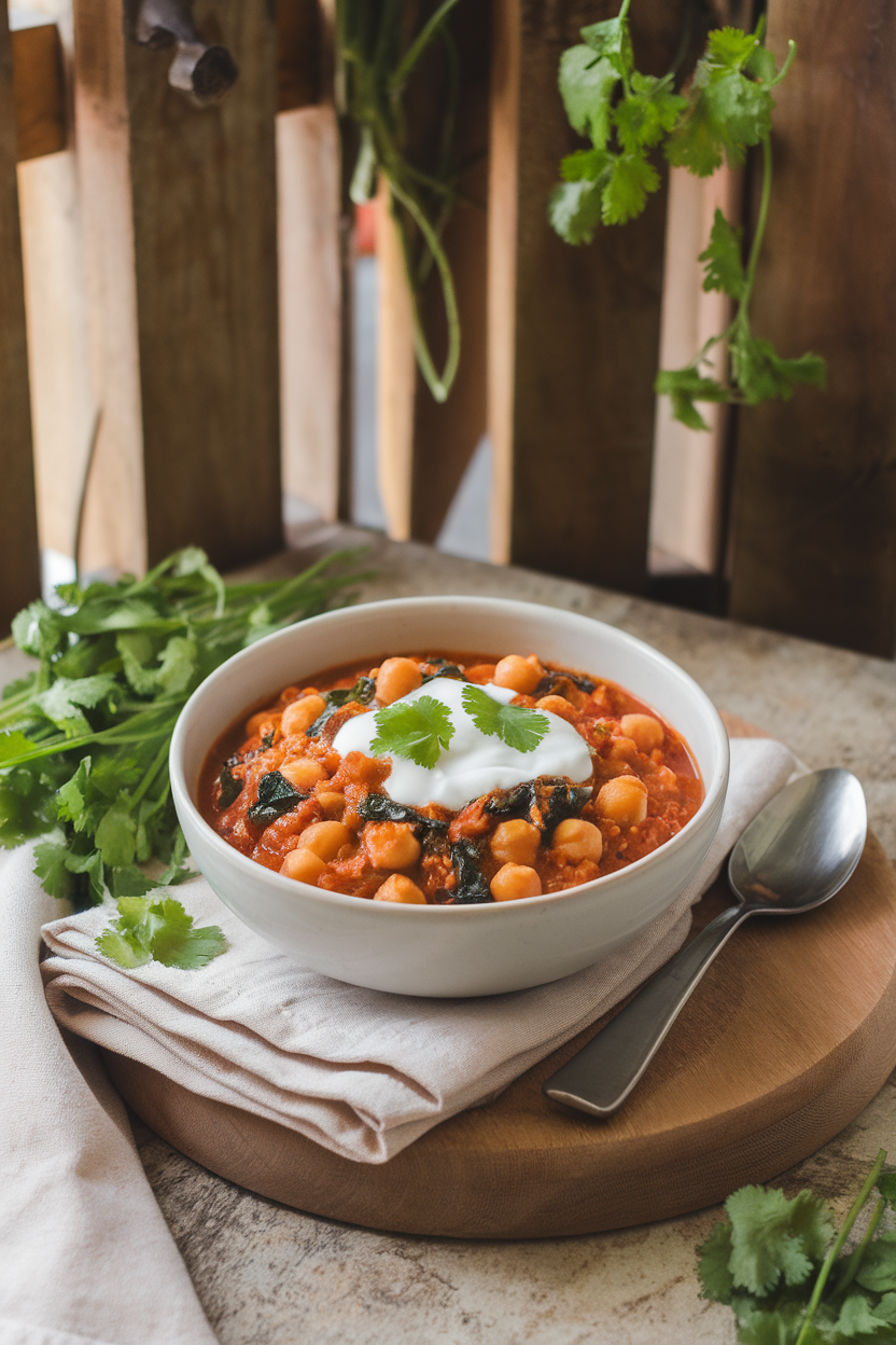 A soup bowl indoors filled with turkey chili featuring chickpeas, tomatoes, and spinach, topped with yogurt. No logos or text.