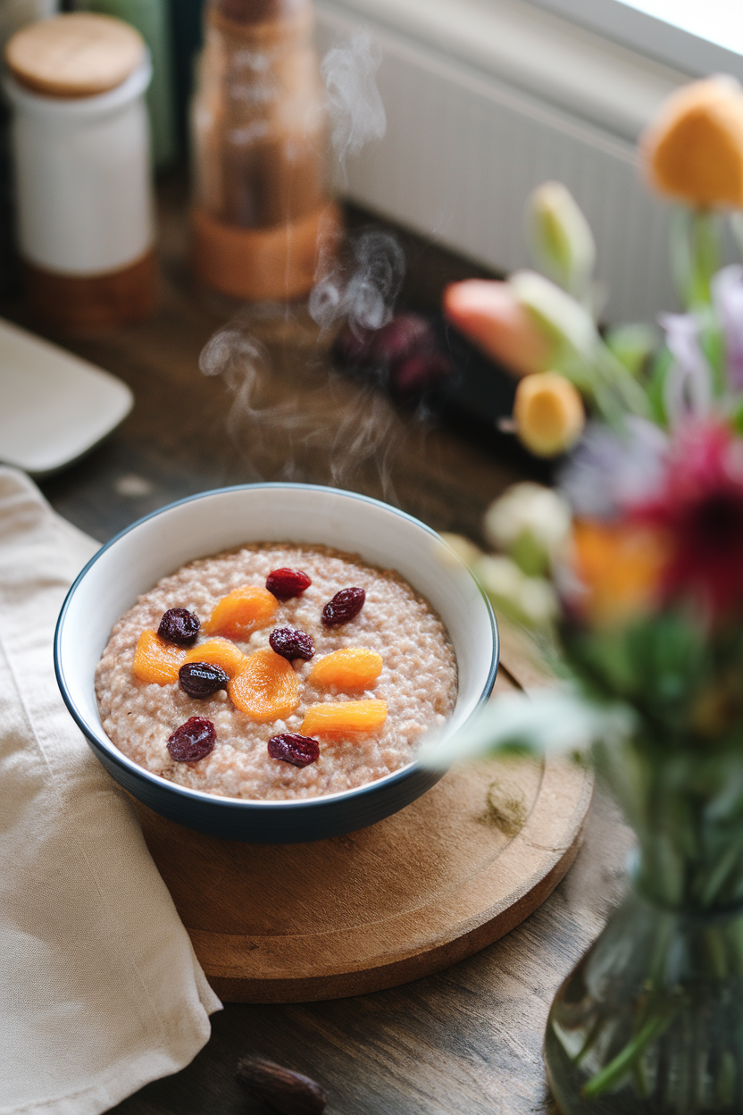 A rustic indoor bowl of amaranth porridge dotted with dried apricots and cranberries, steam visible, photographed from slightly above. No text or logos present.