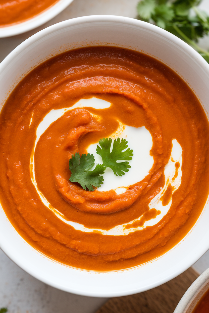 Indoor soup bowl containing velvety orange carrot soup with a thin swirl of coconut milk and one tiny leaf of cilantro. No text or logos; photo only.