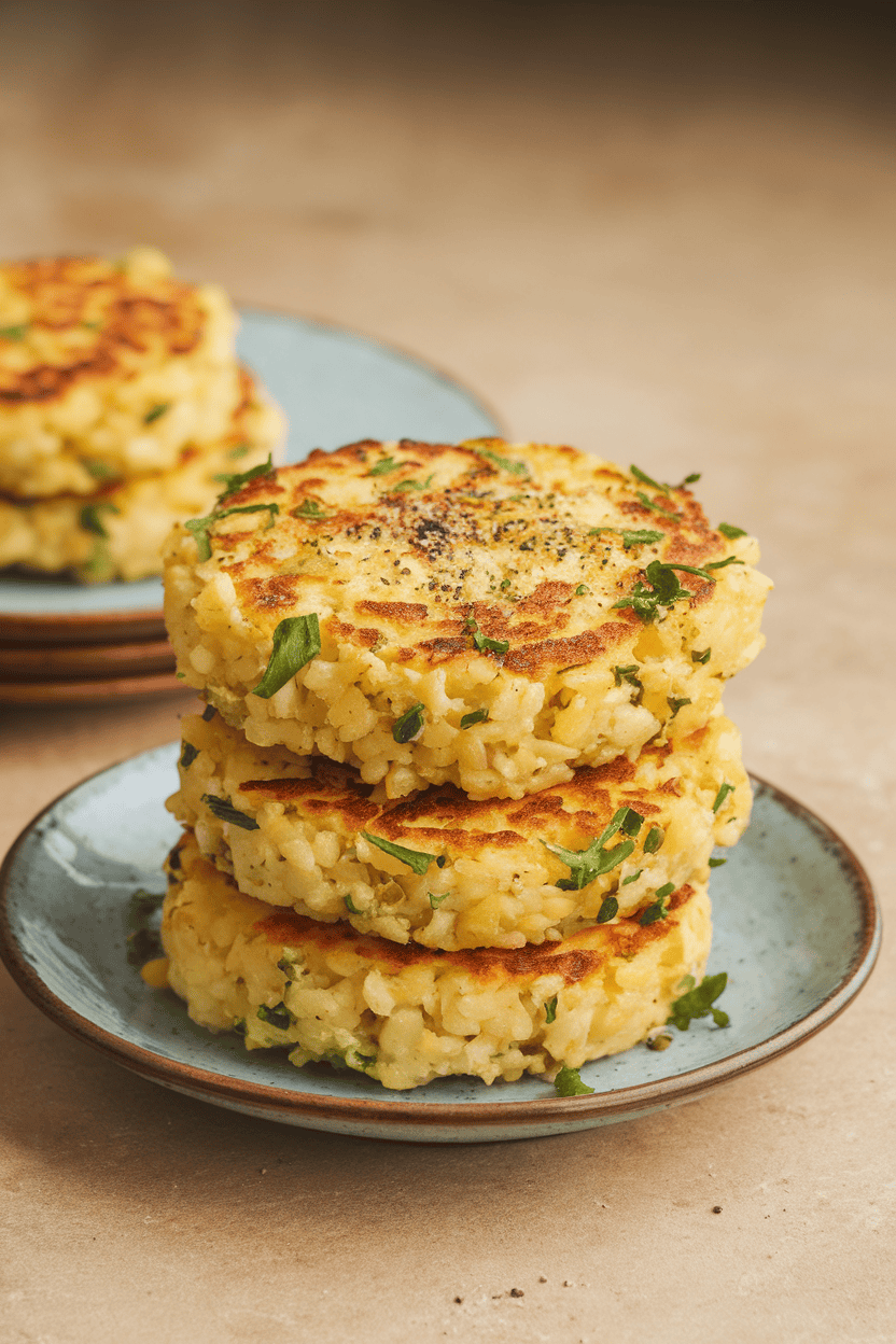 Indoor photo of golden cauliflower rice patties stacked on a small plate, flecks of herbs visible. No text or logos.