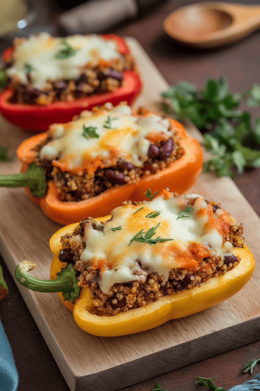 Indoor photo of halved bell peppers filled with colorful quinoa and black bean mixture, melted cheese on top, no text or logos.