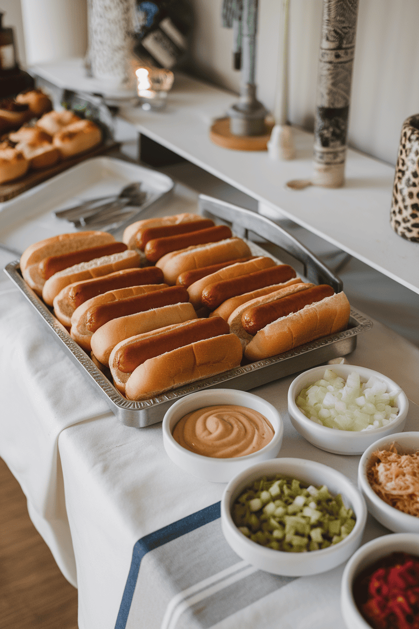 An indoor buffet table featuring a tray of cooked hot dogs in buns, surrounded by small bowls of mustard, relish, chopped onions, and sauerkraut. No text or logos; photo only.
