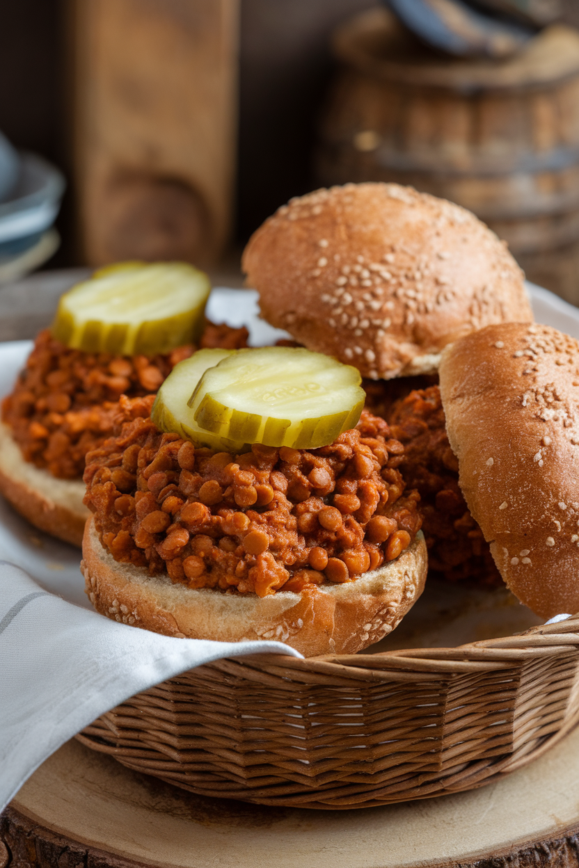 An indoor serving board holding whole-grain buns piled with saucy lentil sloppy joe mixture, pickles on the side. No logos or text, photo only.