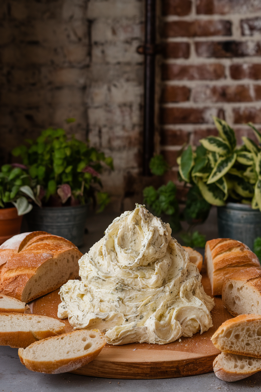An indoor wooden board smeared with whipped herb butter, surrounded by slices of crusty bread; no text or logos. Photo.</Prompt