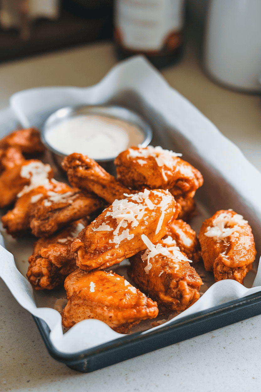 An indoor countertop with a lined tray of golden brown chicken wings coated in garlic butter and Parmesan shavings, side of ranch dip visible. No text or logos; photo, wings fully cooked.