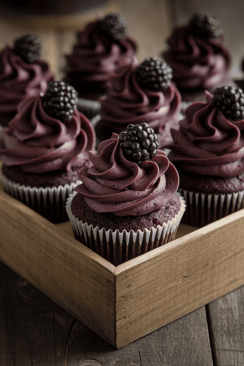 Indoor photo of inky chocolate cupcakes with deep purple blackberry frosting swirled high and garnished with a fresh blackberry; no text or logos