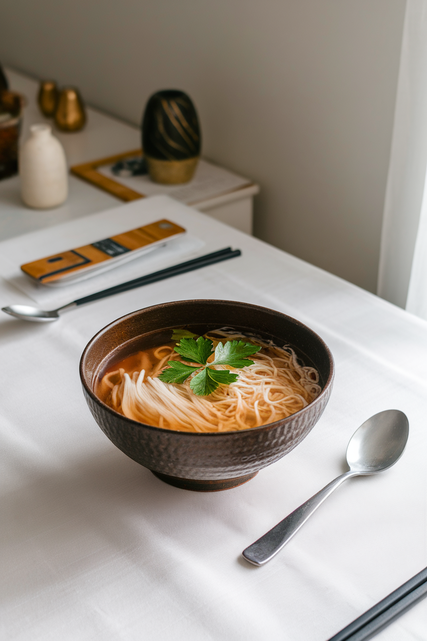 Indoor dining table with a deep bowl of clear chicken broth containing tender white rice noodles and a few parsley leaves floating on top. No text or logos; photo only.