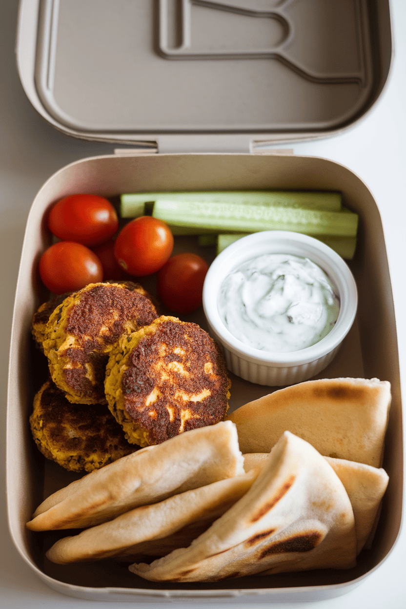 A well-lit indoor lunch box containing baked falafel patties, small ramekin of tzatziki, grape tomatoes, cucumber sticks, and pita triangles. No text or logos present.