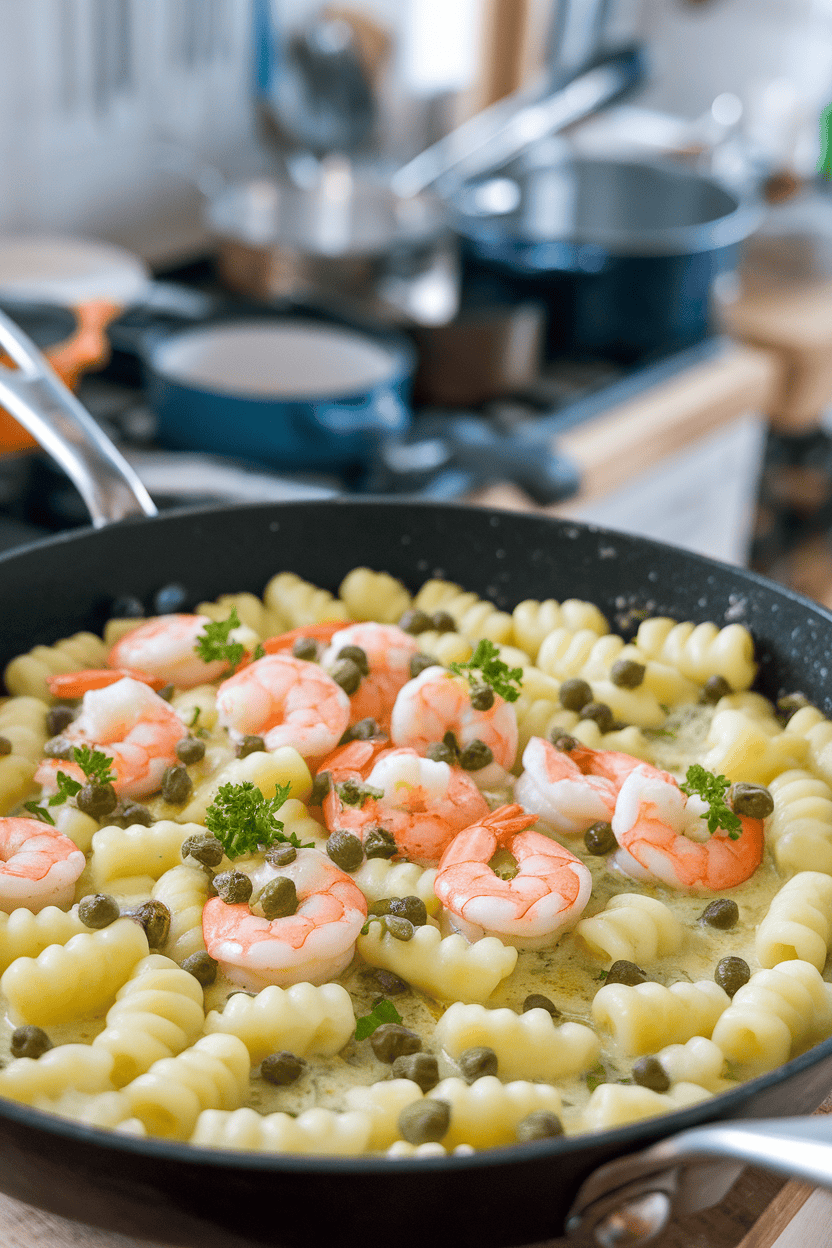 Indoor skillet of pillowy gnocchi mixed with shrimp, capers, and a light lemon sauce, parsley scattered on top. Photo only, no logos or text.