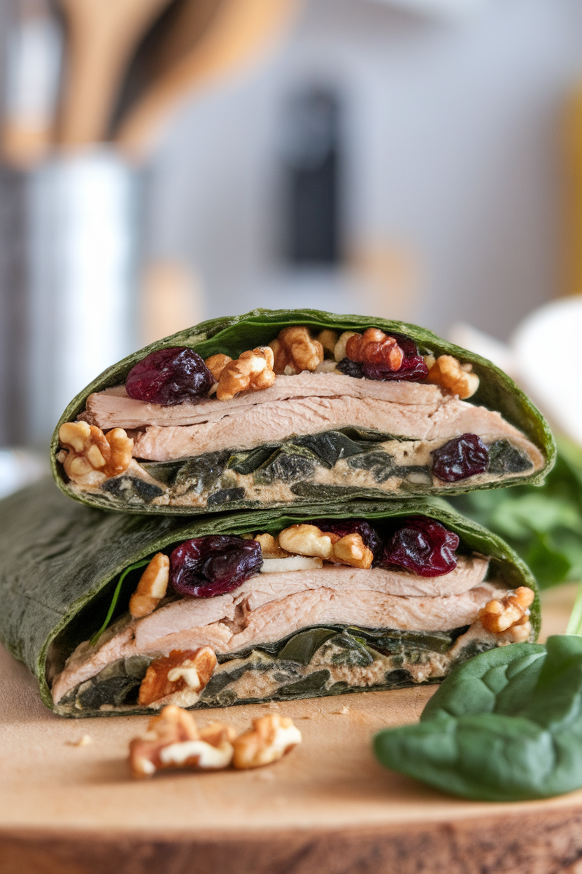 Indoor photo of a sliced spinach tortilla revealing chicken, dried cranberries, chopped walnuts, and baby spinach inside. No logos or text.