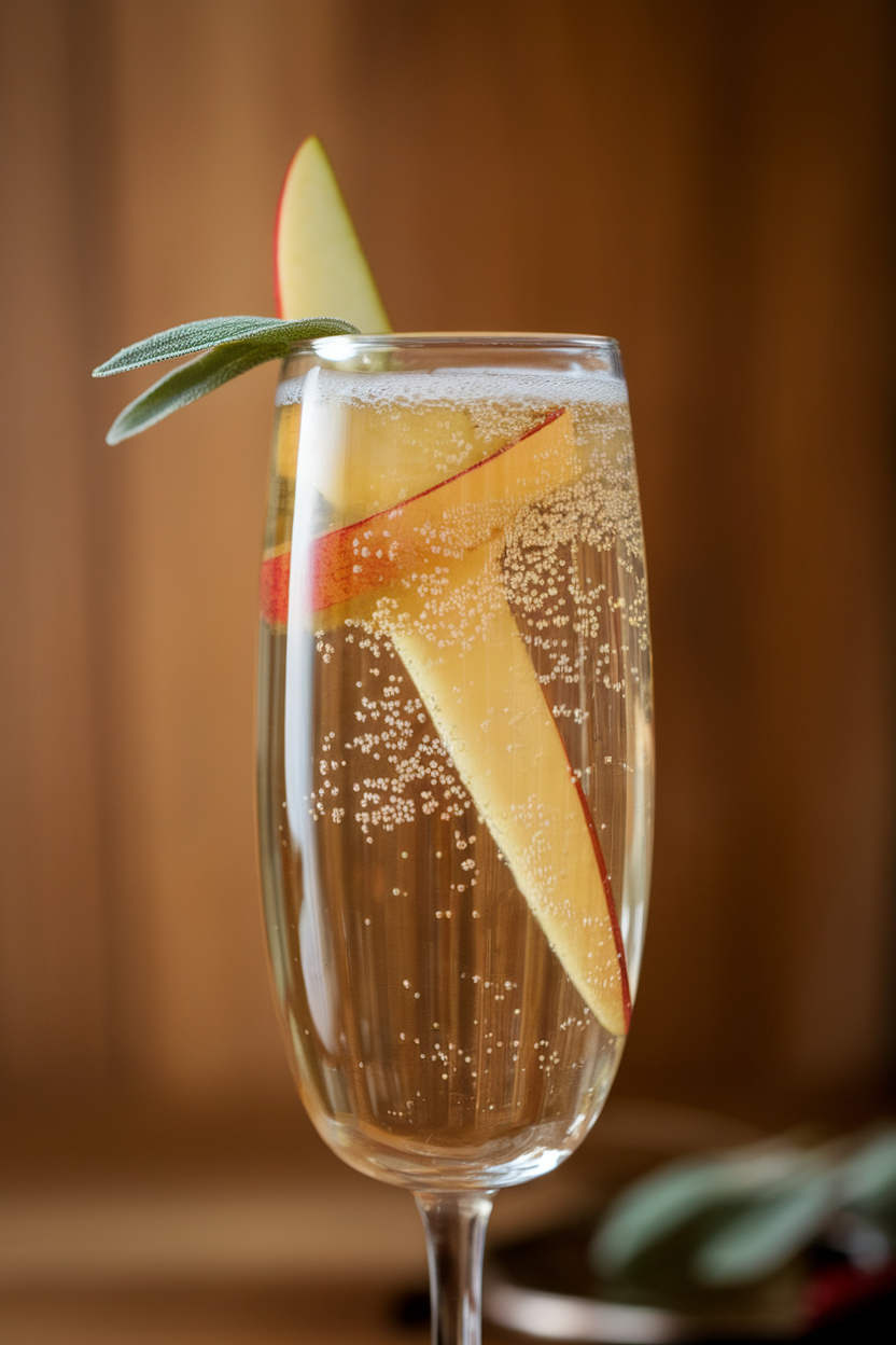 Photo of a tall flute indoors, containing apple and sage Champagne cocktail, thin apple baton submerged, tiny sage leaf floating on bubbles. No text or logos.