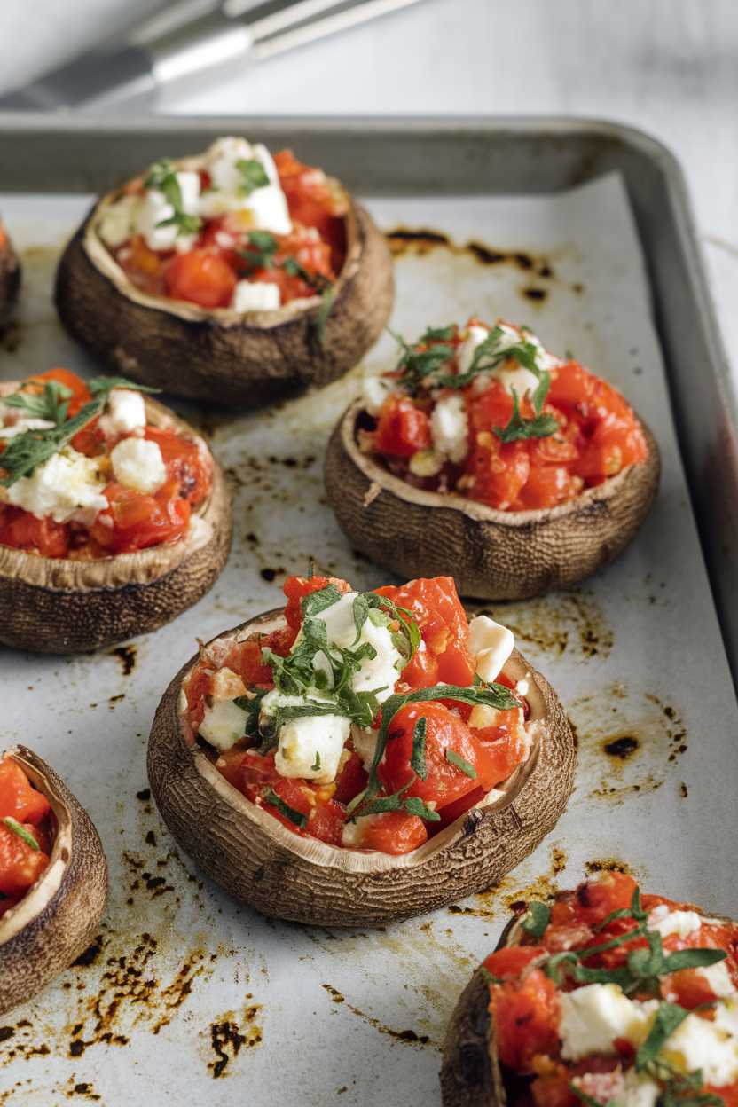 Indoor photo of baked portobello caps filled with diced tomatoes, feta, and herbs, resting on a baking sheet. No text or logos.
