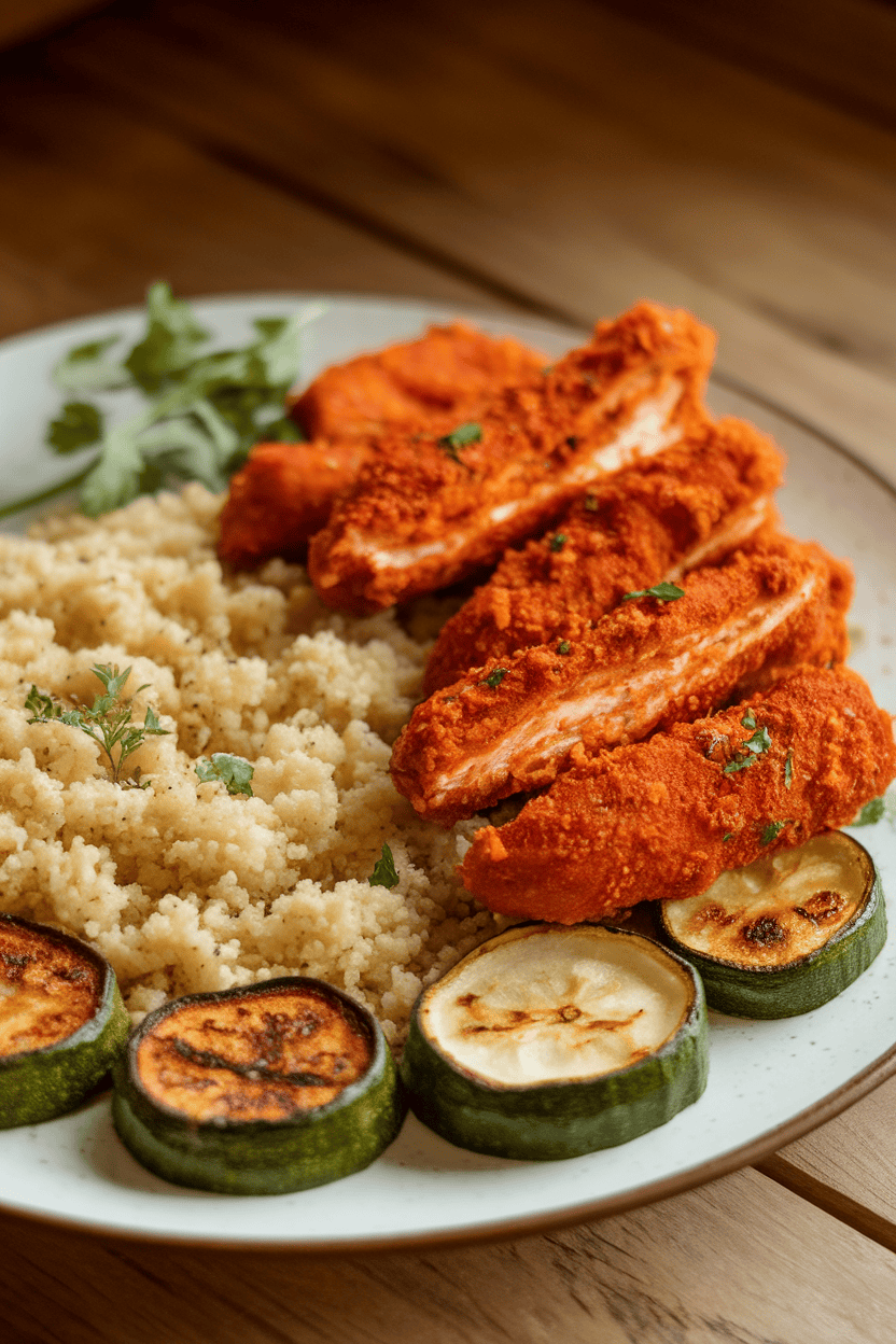 Warm indoor photo of harissa-coated chicken strips, fluffy whole-wheat couscous, and roasted zucchini rounds; no text or logos.