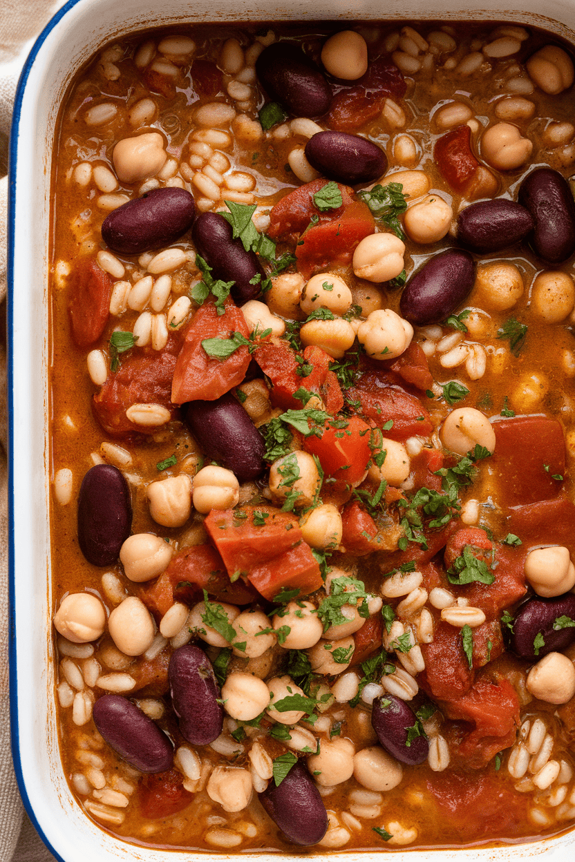 Photo of an indoor casserole dish filled with hearty stew—visible barley pearls, kidney beans, chickpeas, diced tomatoes—garnished with chopped parsley; no text or logos present.