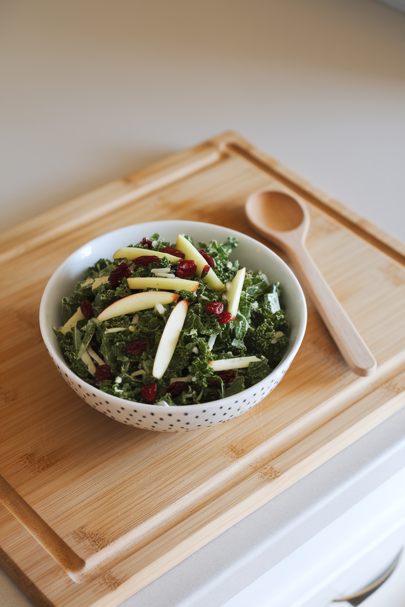 Bright indoor countertop displaying a bowl of finely shredded kale slaw dotted with apple matchsticks and dried cranberries. Photo, no text or logos.