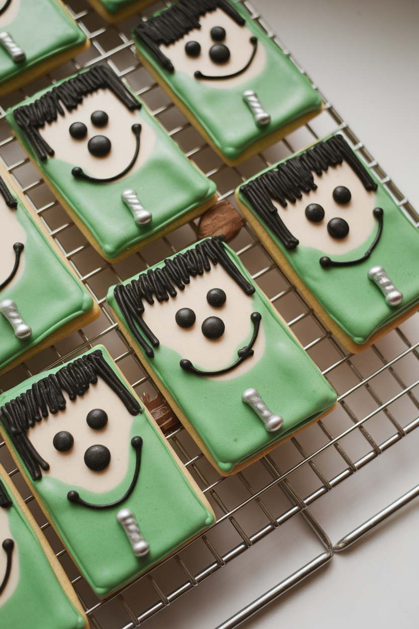 Indoor photo of rectangle cookies iced green with black hair fringe, goofy smiles, and silver candy “bolts” at the neck, on a metal rack, no text or logos.