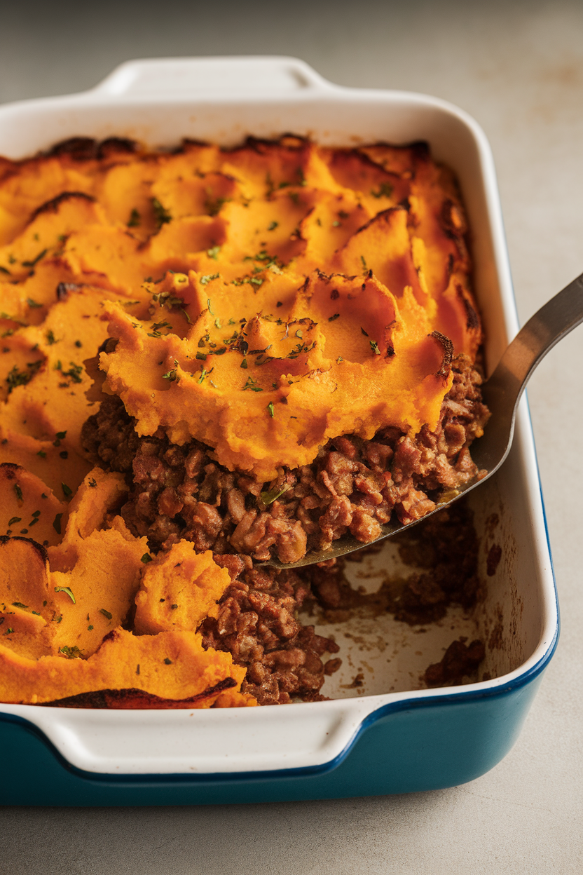 Indoor casserole of shepherd’s pie with sweet potato mash topping browned in spots, a serving spatula lifting a portion, no text or logos. Photo.