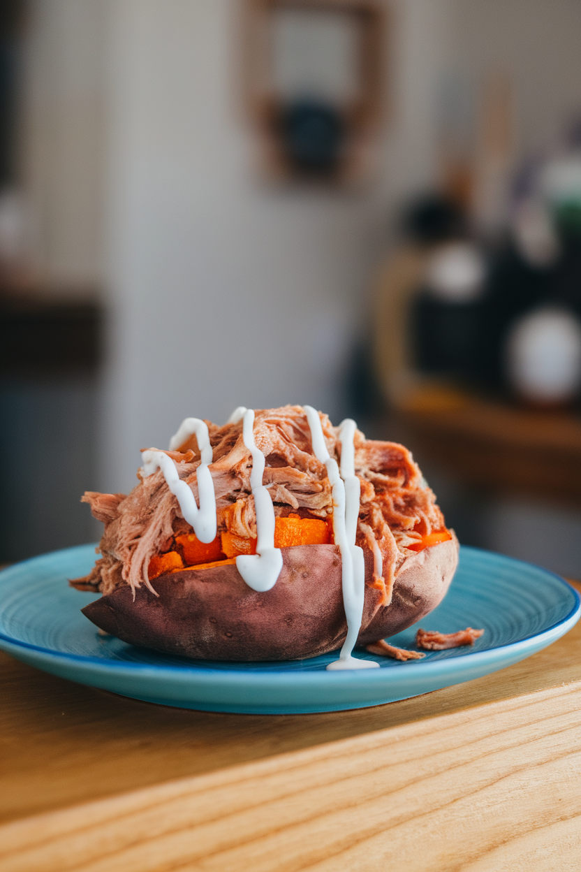 Indoor plate featuring half a microwaved sweet potato piled with warmed pulled pork and a drizzle of yogurt ranch. No text or logos.