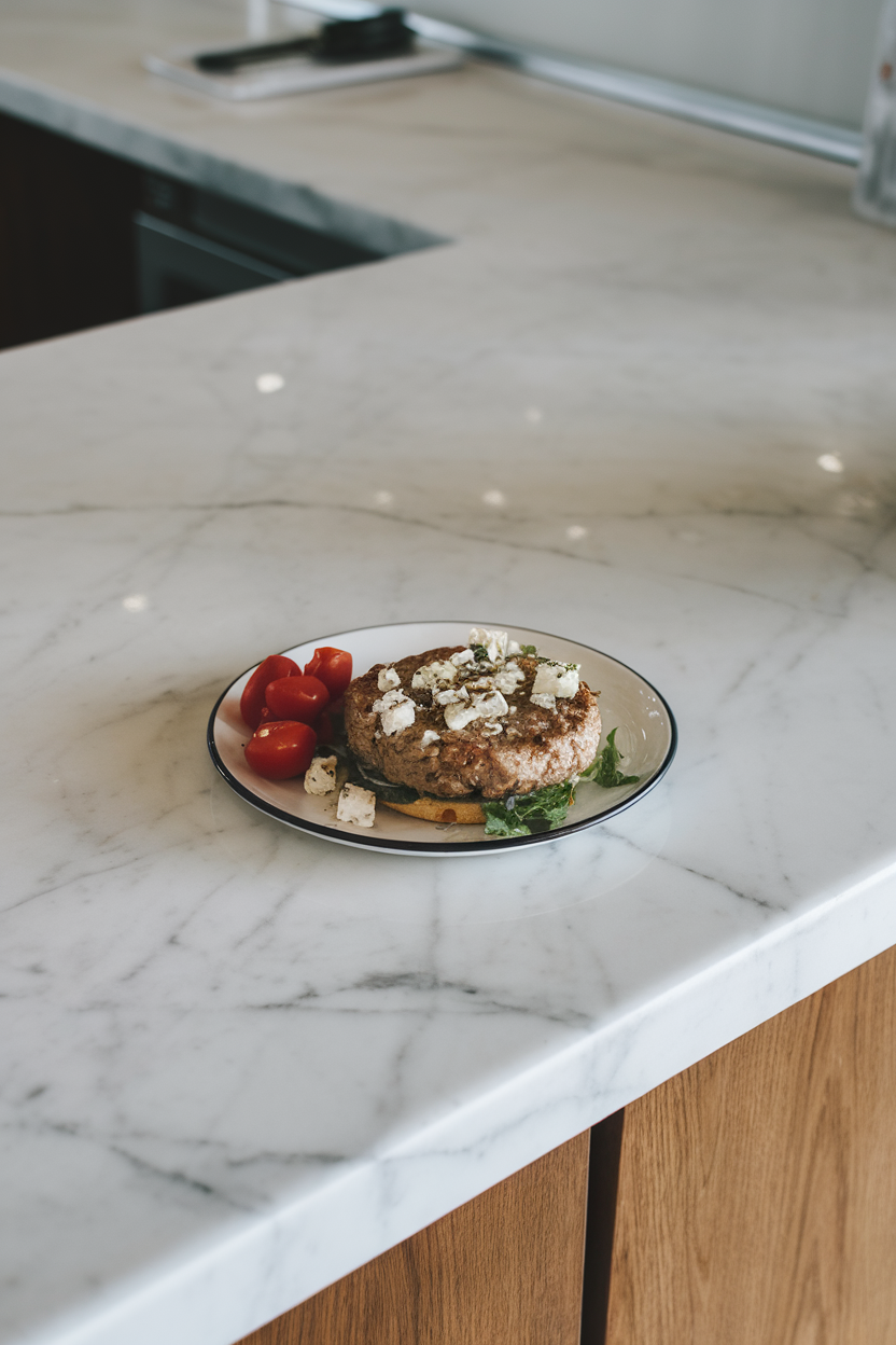 Photo, indoor marble counter with cooked turkey patties showing bits of feta and herbs, side of cherry tomatoes; no text or logos.
