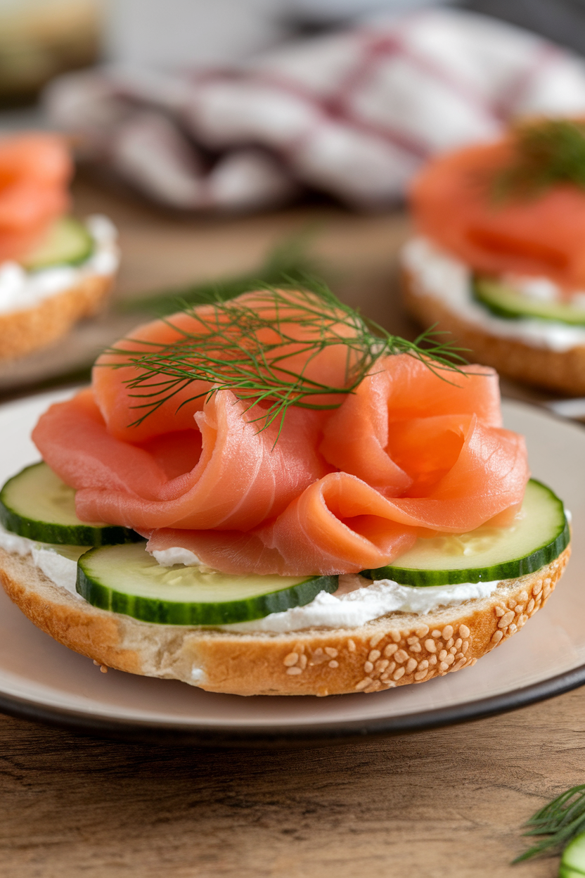 Indoor tabletop photo of a bagel thin topped with light cream cheese, smoked salmon ribbons, and cucumber slices, garnished with dill. No text or logos.