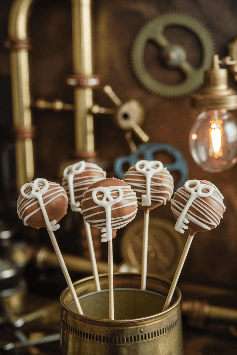 Almond cake pops coated in caramel chocolate, each decorated with a white chocolate skeleton key design, indoor steampunk vibe; no logos or text. Photo.