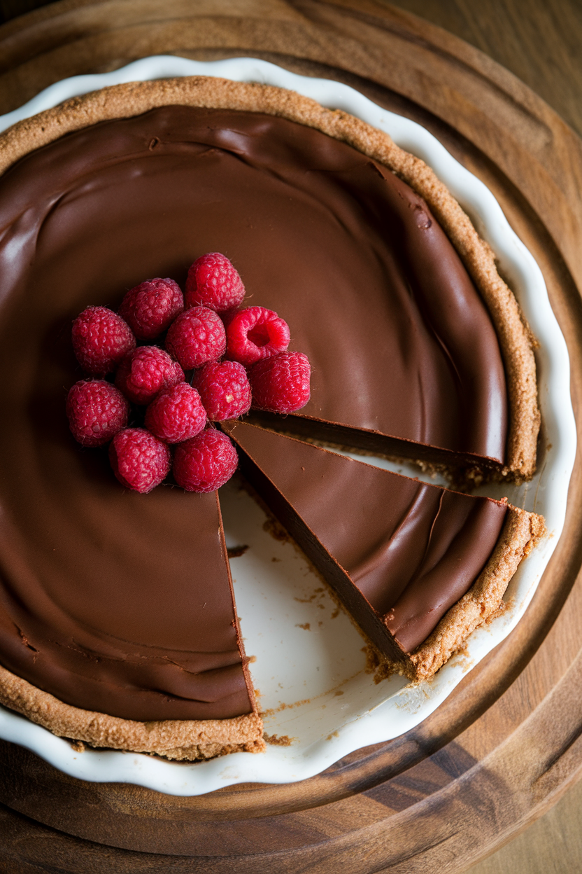 An indoor pie dish holding smooth, glossy chocolate pie topped with a few raspberries, slice removed to show firm yet creamy filling. No text or logos.