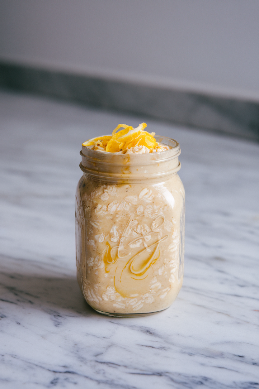 Photo of a mason jar filled with creamy oats swirled with tahini and topped with lemon zest, shot indoors on a marble countertop under diffused light. No text or logos.
