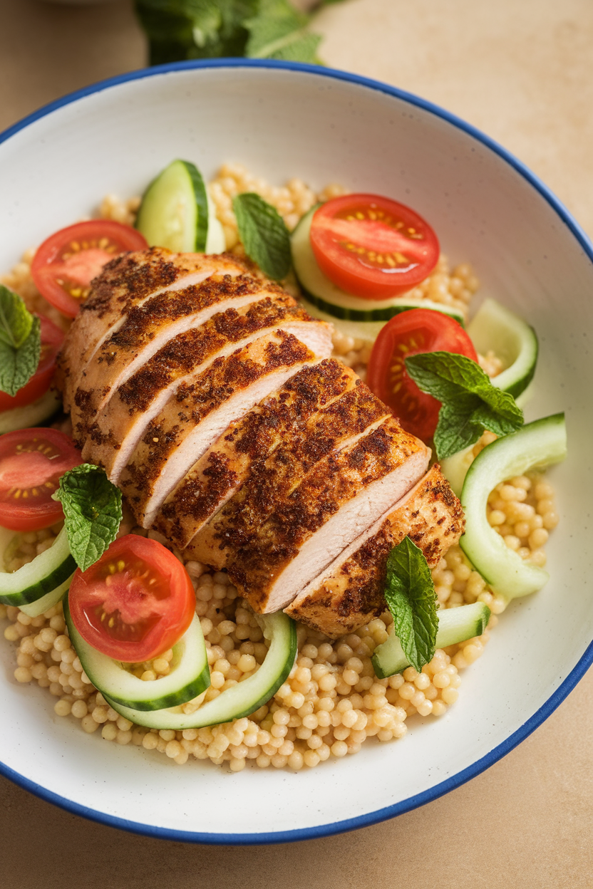 Indoor image of pearl couscous, sliced za’atar-rubbed chicken breast, cherry tomatoes, and cucumber ribbons, garnished with mint. No text or logos.